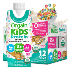 Orgain Kids Fruity Cereal Shake bottle front for on-the-go nutrition.