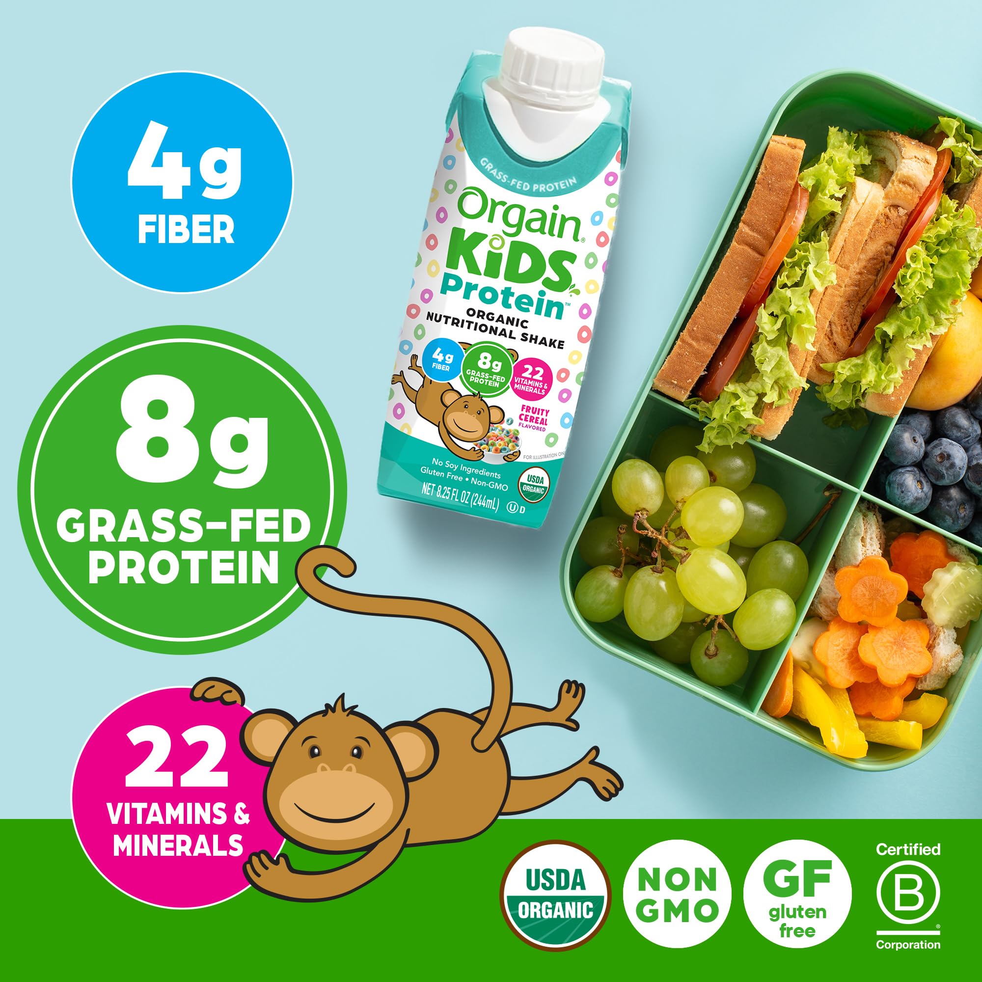 Orgain Fruity Cereal Shake ingredients panel shows organic, clean components.