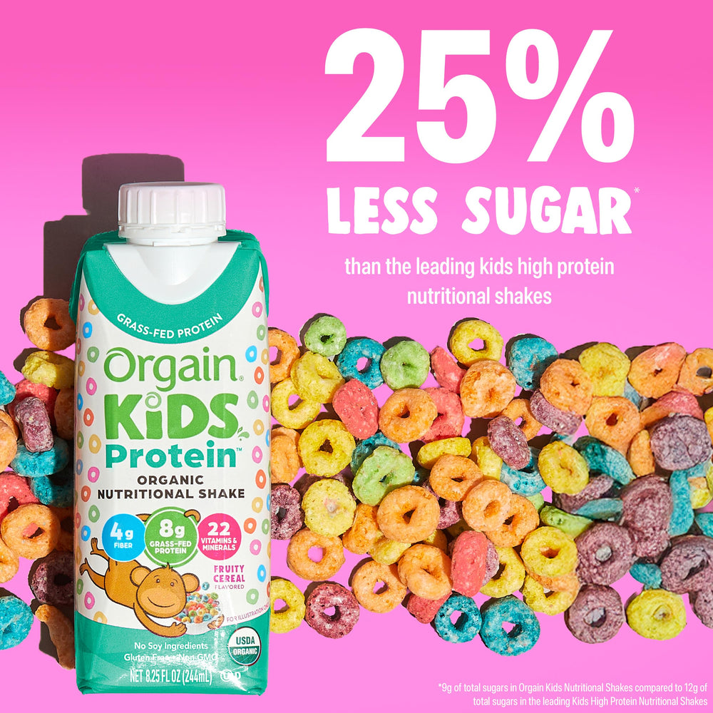 Orgain Kids Fruity Cereal Shake serving cup ready to enjoy.