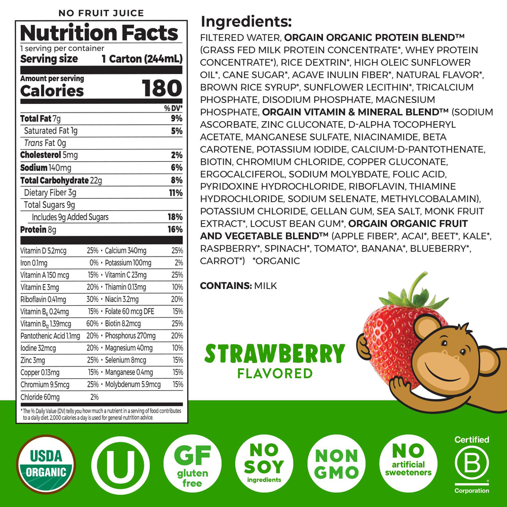 Orgain Kids shake label highlights 8 g protein and organic ingredients.