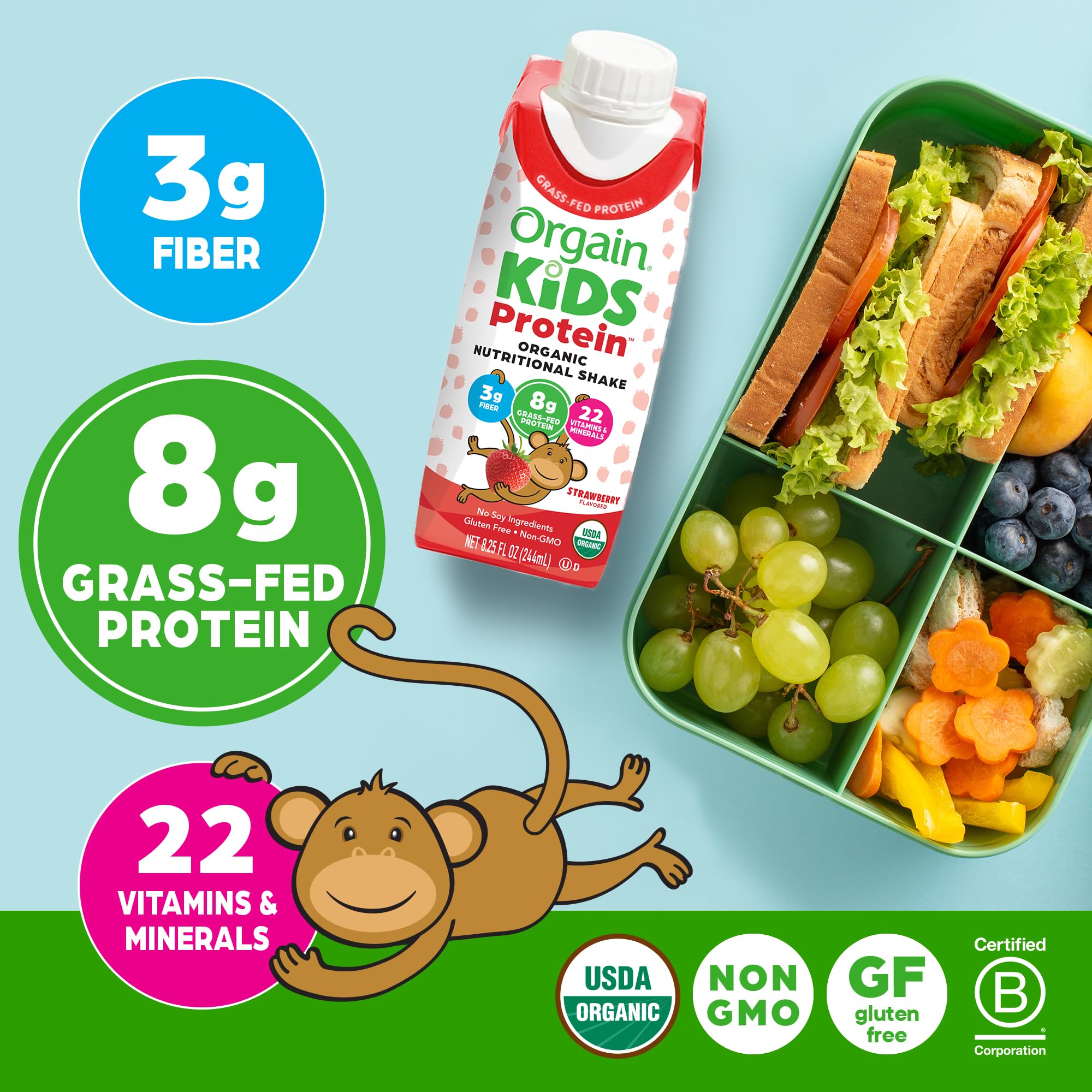 Orgain shake label confirms gluten-free, non-GMO, and no soy ingredients.