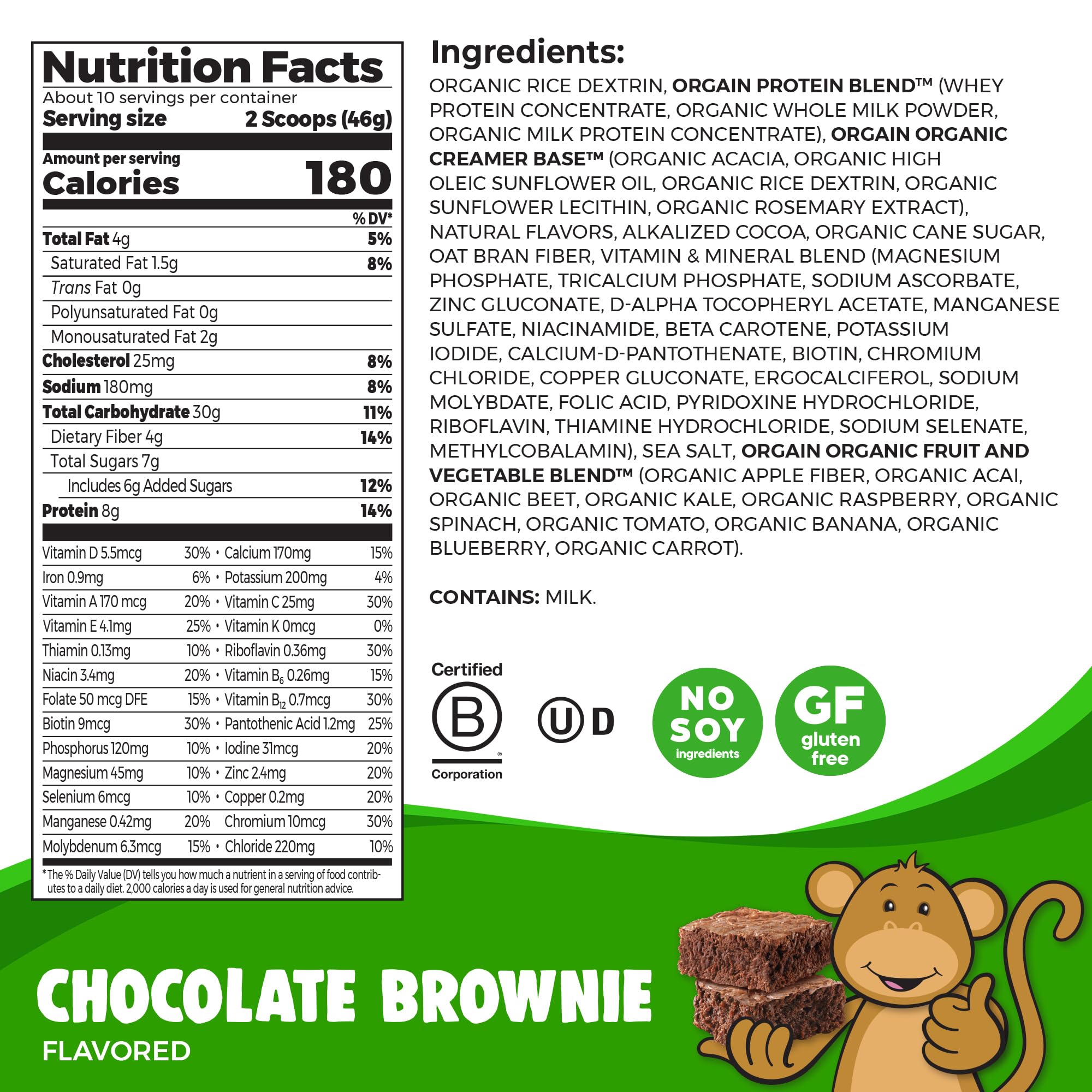 Orgain Kids Protein Powder Chocolate Brownie scoop beside glass for on-the-go shake