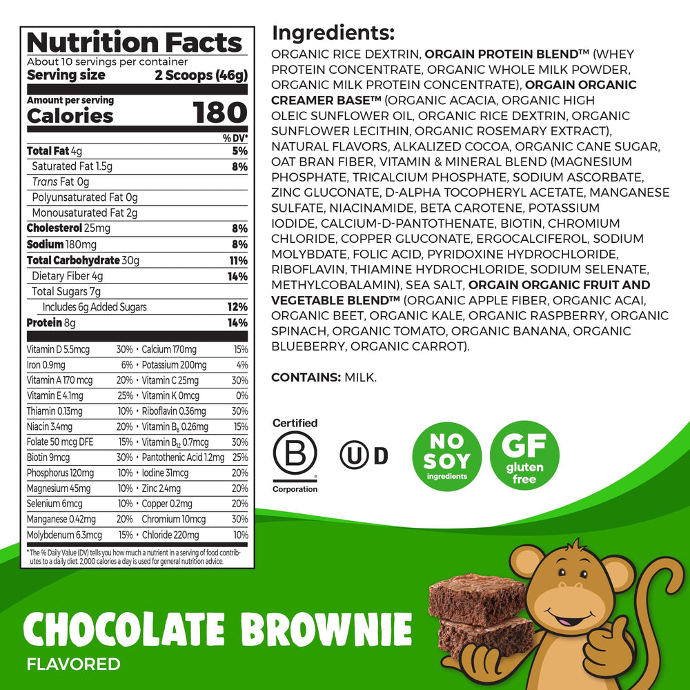 Orgain Kids Protein Powder Chocolate Brownie scoop beside glass for on-the-go shake