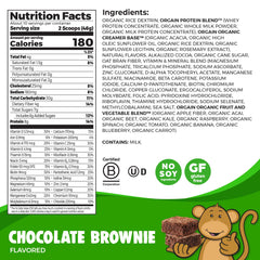 Orgain Kids Protein Powder Chocolate Brownie scoop beside glass for on-the-go shake
