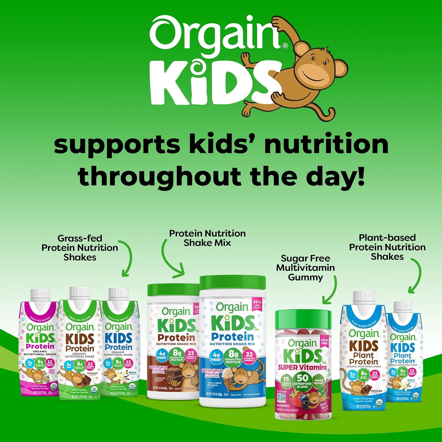 Orgain Kids Protein Powder Chocolate Brownie on store shelf implying trusted brand