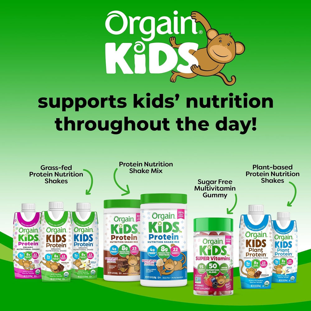 Orgain Kids Protein Powder Chocolate Brownie on store shelf implying trusted brand