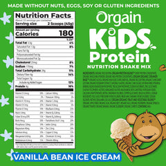 Scoop of Orgain Kids Shake Powder ready to mix into a nutritious vanilla drink.