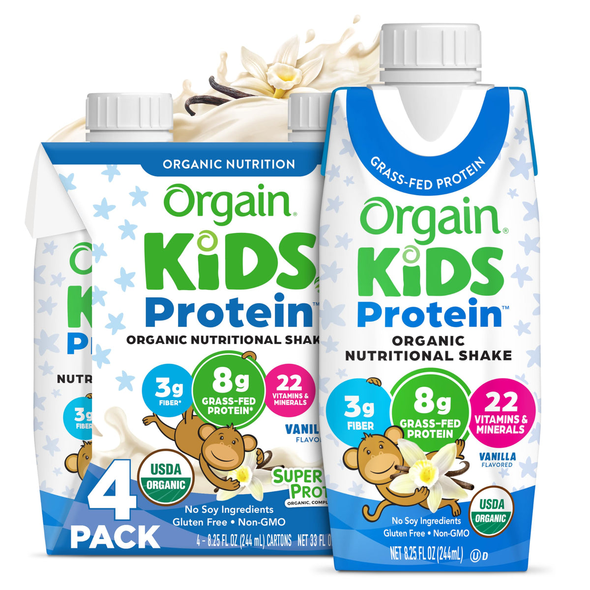 Orgain Kids Protein Vanilla bottle highlighting creamy shake for on-the-go mornings.
