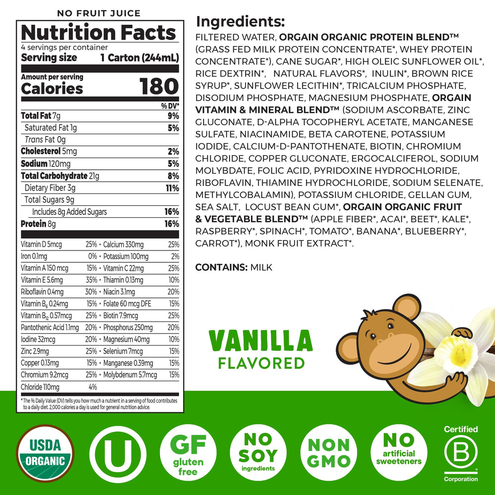 Orgain Kids Protein Vanilla nutrition facts panel for complete daily nutrition.