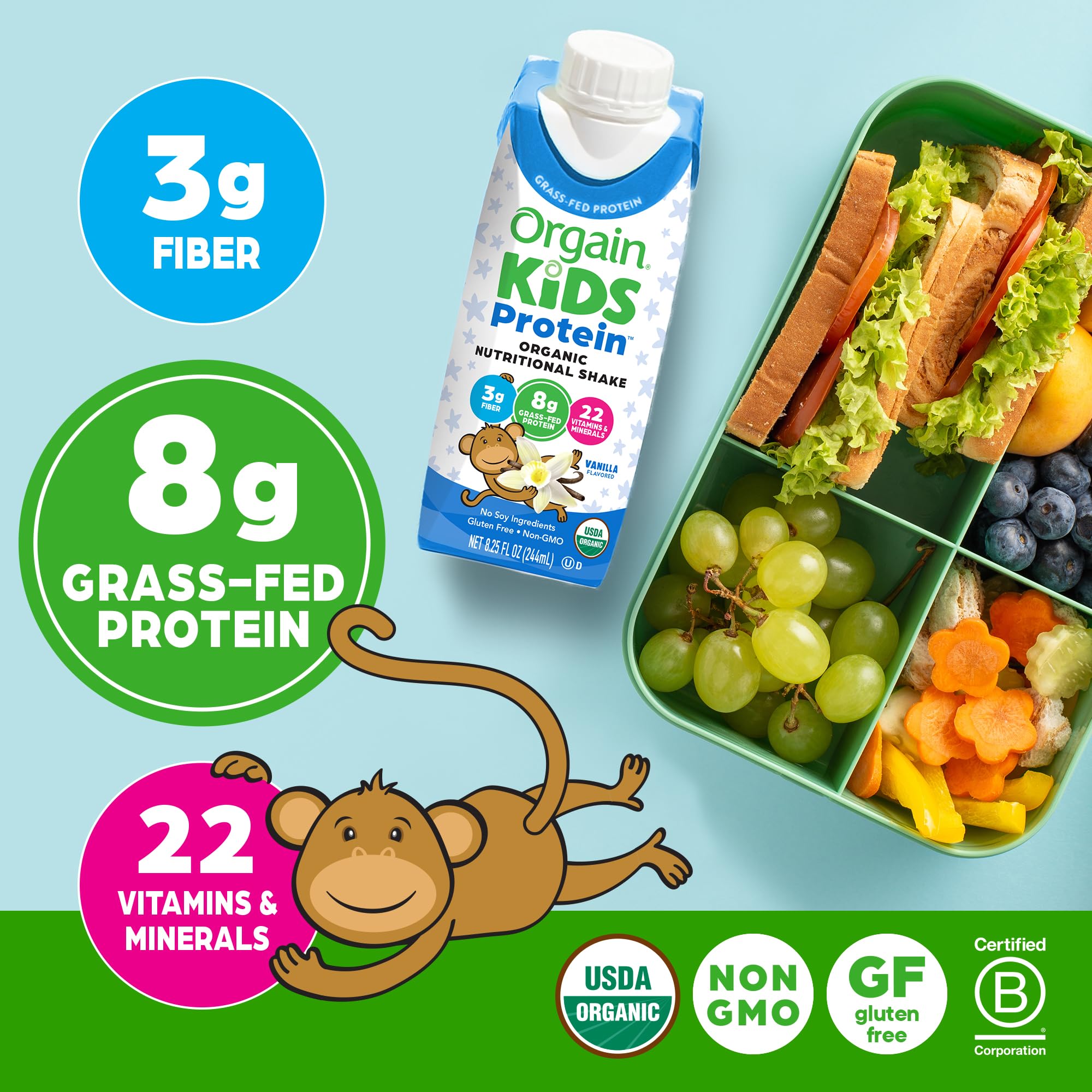 Orgain Kids Vanilla Shake nutrition panel highlights protein and vitamins.