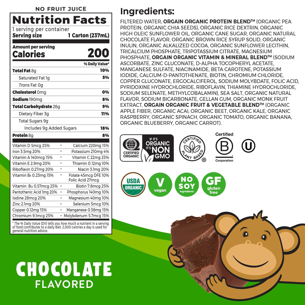 Orgain Kids vegan chocolate shake being poured showing creamy texture and protein boost