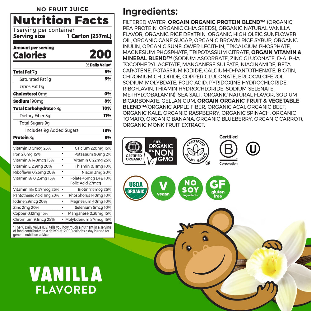 Orgain Kids vanilla shake nutrition label shows essential vitamins and minerals