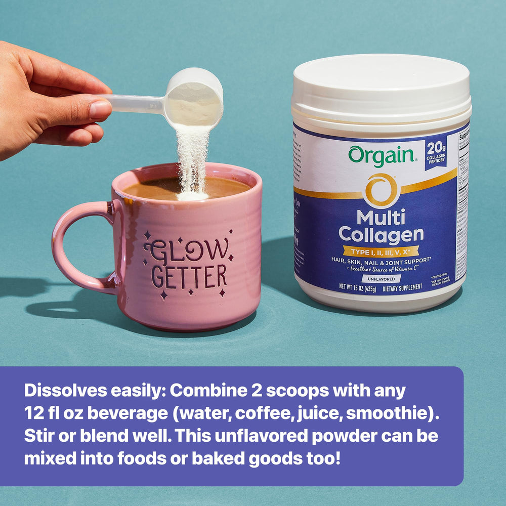Orgain multi collagen tub on kitchen counter signals gluten-free, non-GMO quality.