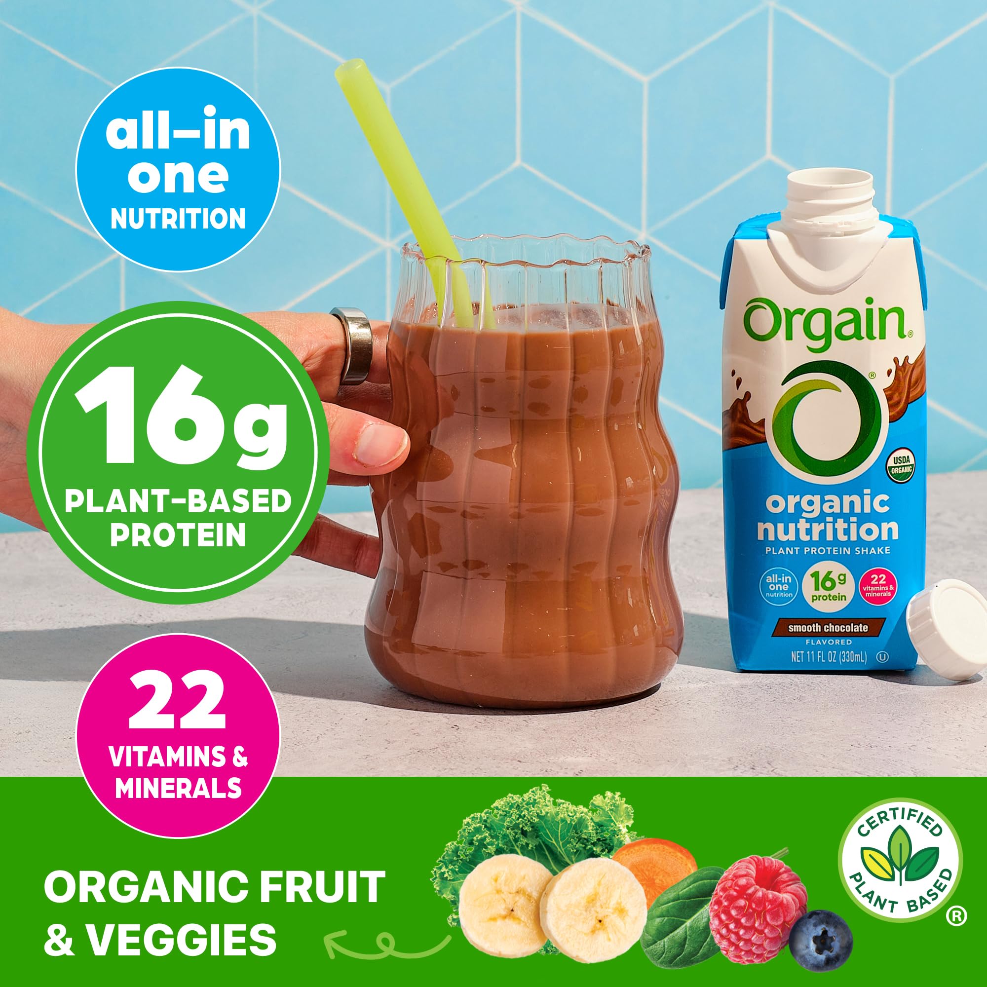 Orgain nutrition facts label emphasizing vitamins and minerals for daily support.