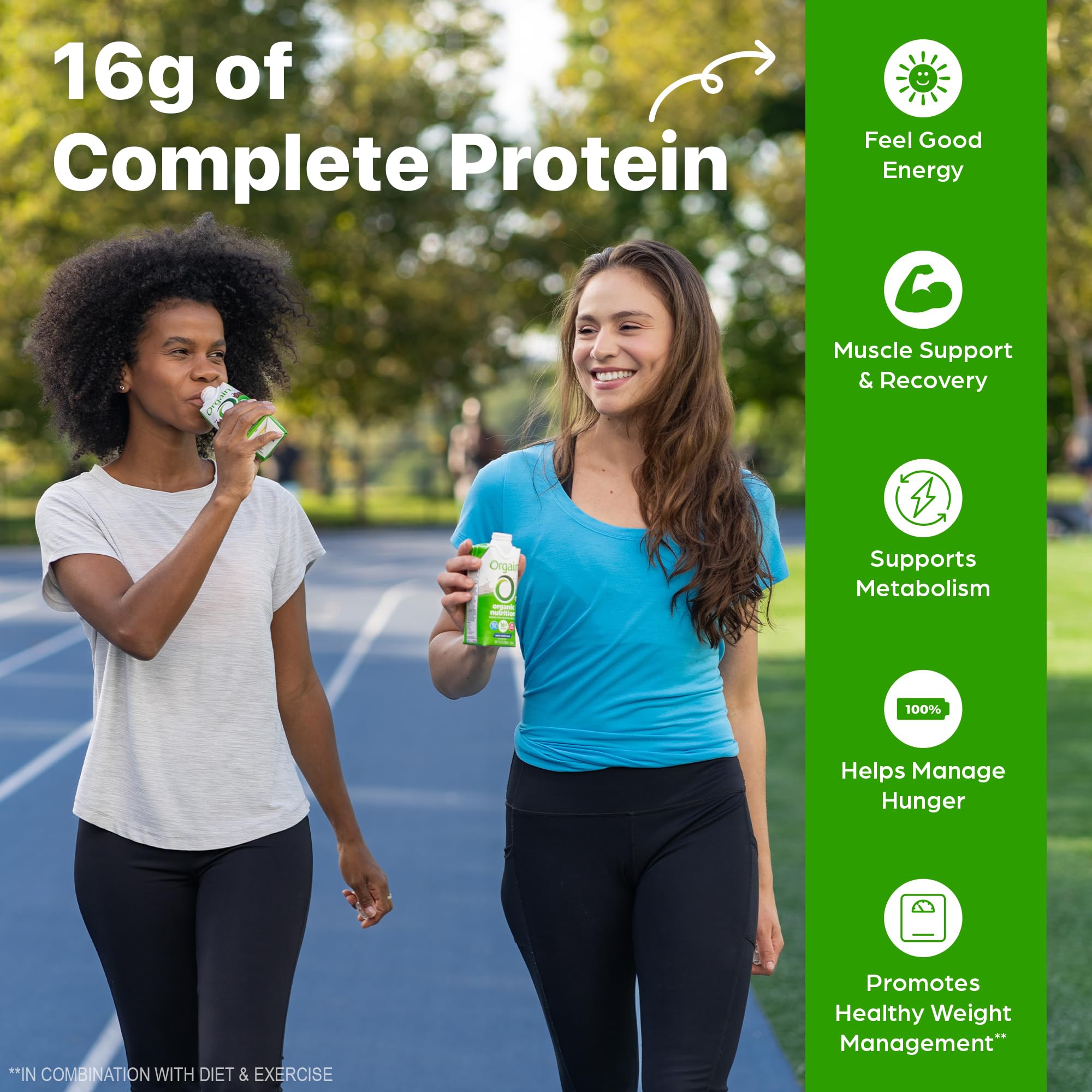 Orgain nutrition facts label highlights 16g protein and 20 vitamins