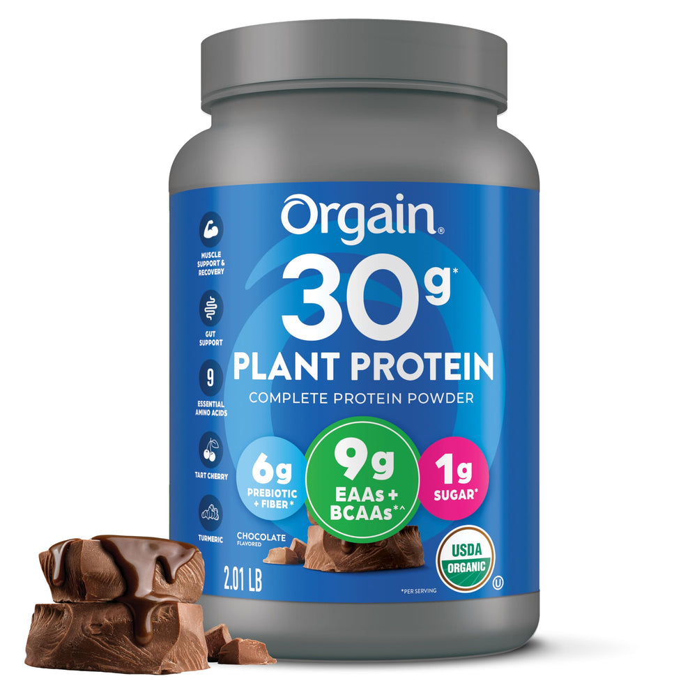 Orgain organic vegan protein powder chocolate front label signaling organic fueling