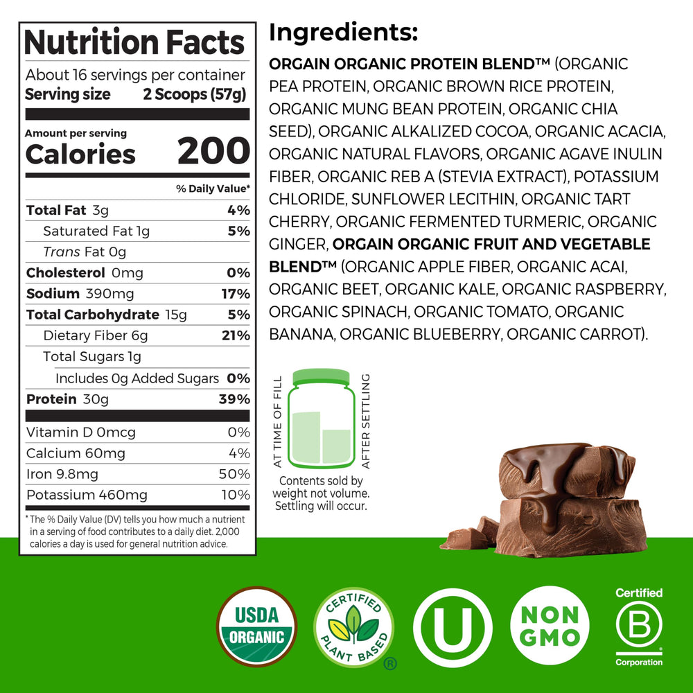 Orgain chocolate protein powder being poured for a smooth post-workout shake