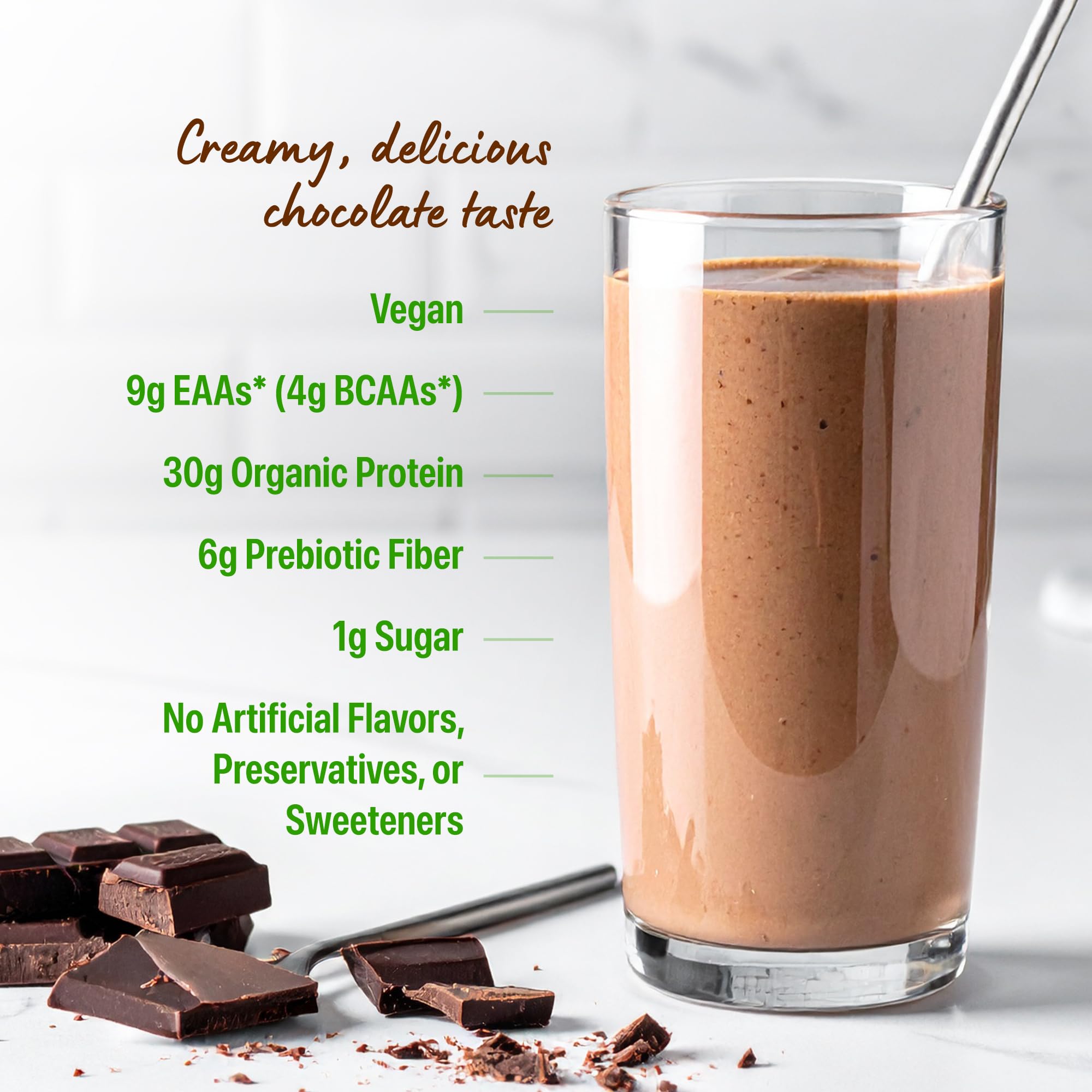 Orgain chocolate protein powder in a shaker blending creamy drink