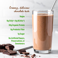 Orgain chocolate protein powder in a shaker blending creamy drink
