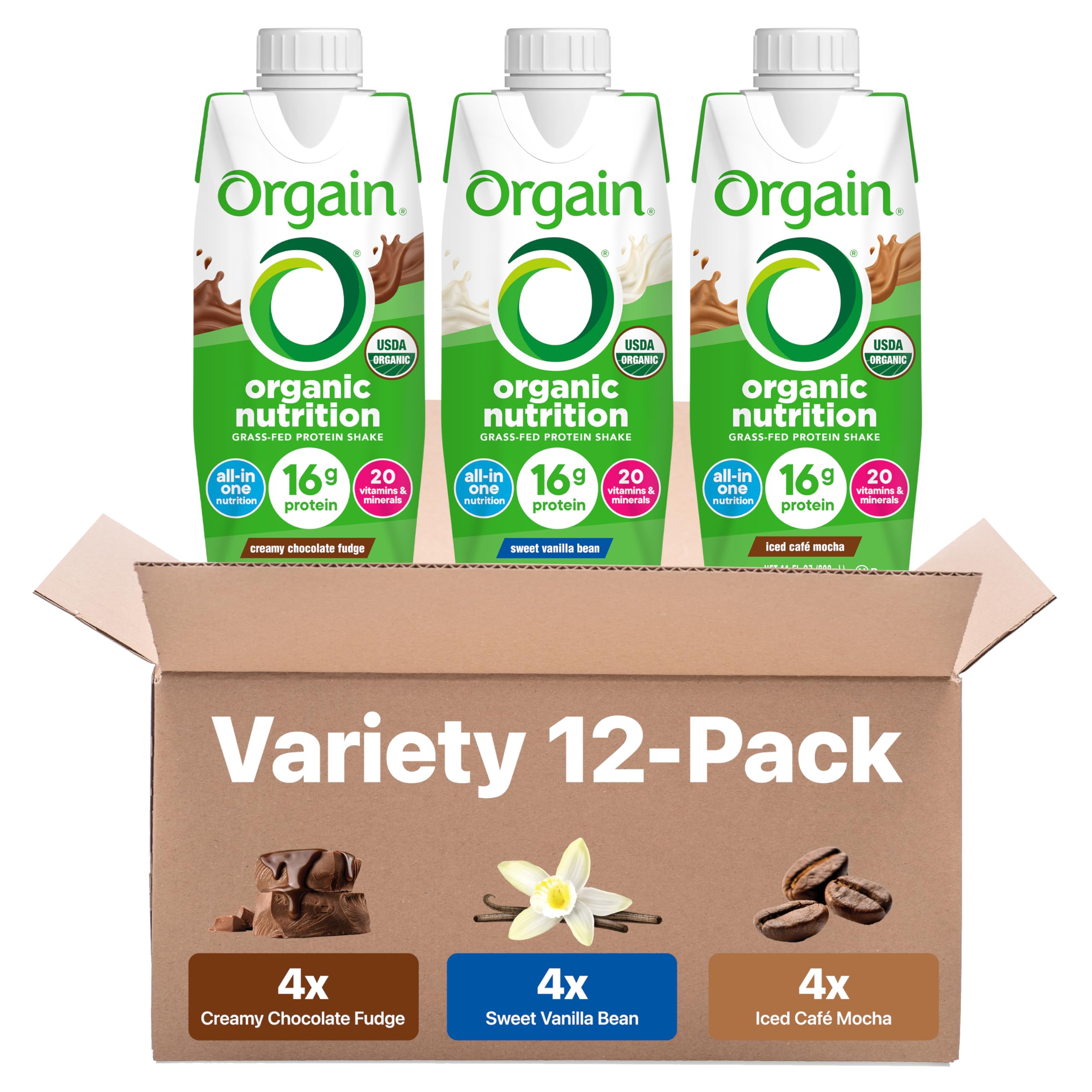 Orgain Organic Nutritional Shake chocolate bottle pour for on-the-go breakfast.