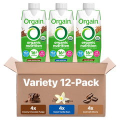 Orgain Organic Nutritional Shake chocolate bottle pour for on-the-go breakfast.