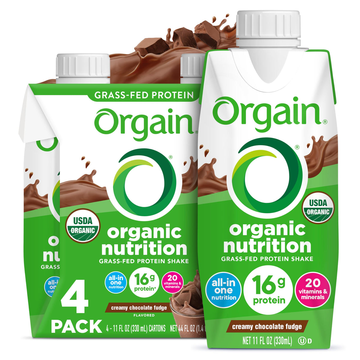 Orgain Organic Nutritional Shake Creamy Chocolate Fudge bottle pour, showcasing smooth texture for on-the-go nourishment