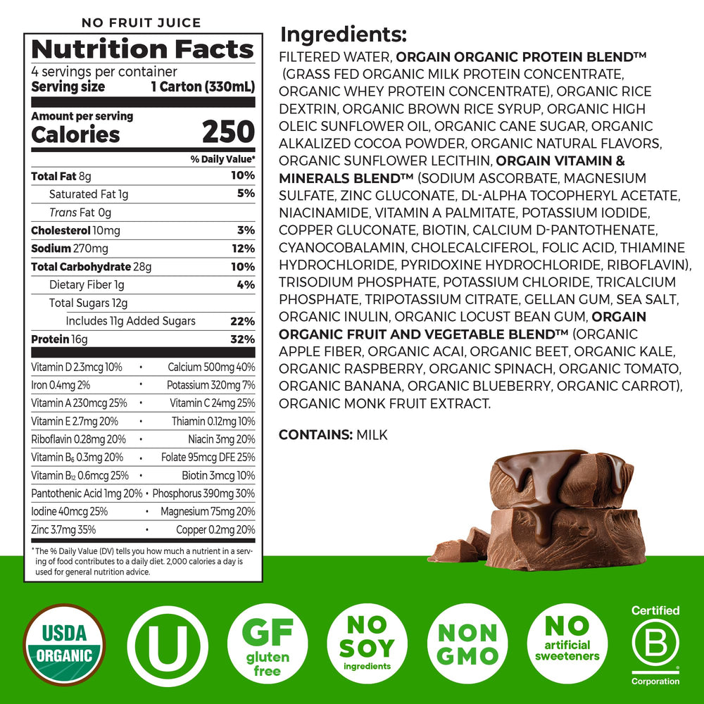 Orgain Organic Nutritional Shake Creamy Chocolate Fudge in a glass, highlighting dessert-like flavor