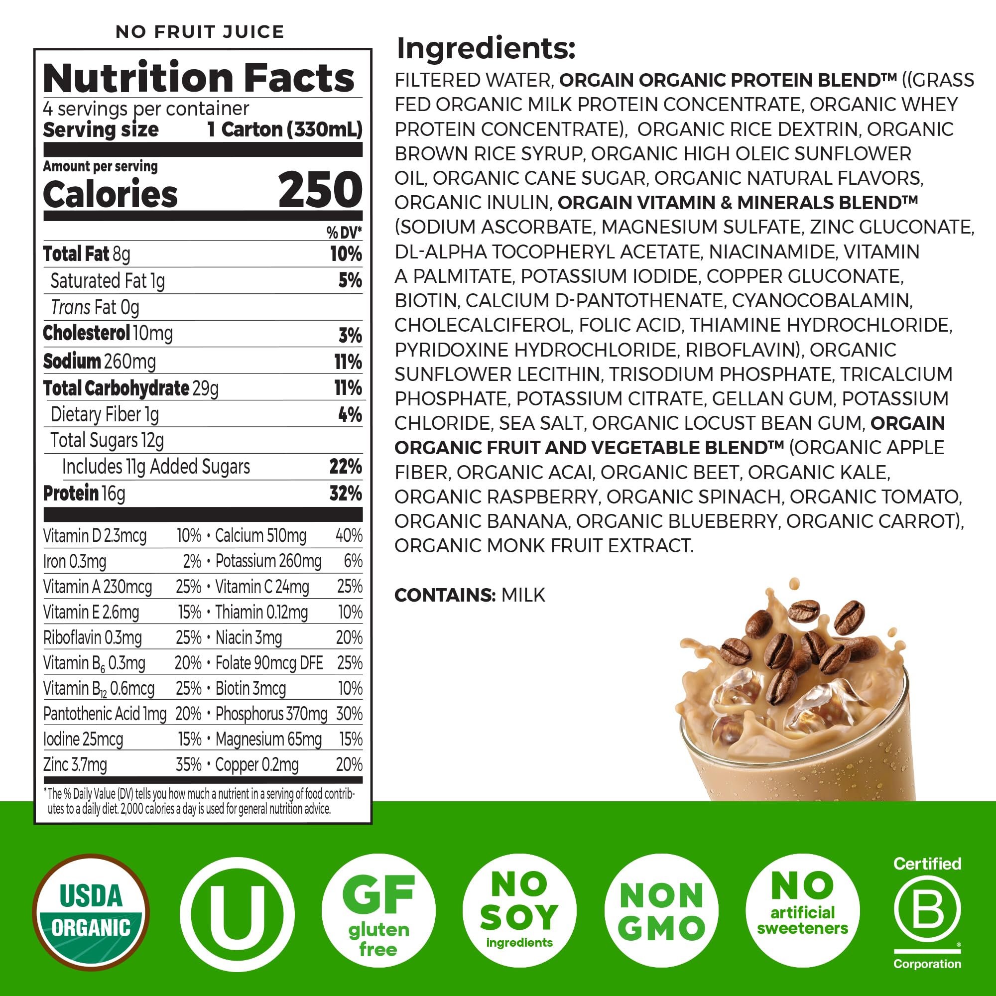Orgain organic nutritional shake label highlights 16g grass-fed protein and essential vitamins.
