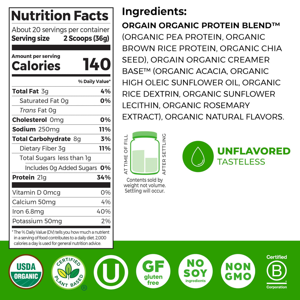 Orgain organic plant protein ingredients peas, brown rice, chia for a complete protein