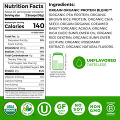 Orgain organic plant protein ingredients peas, brown rice, chia for a complete protein
