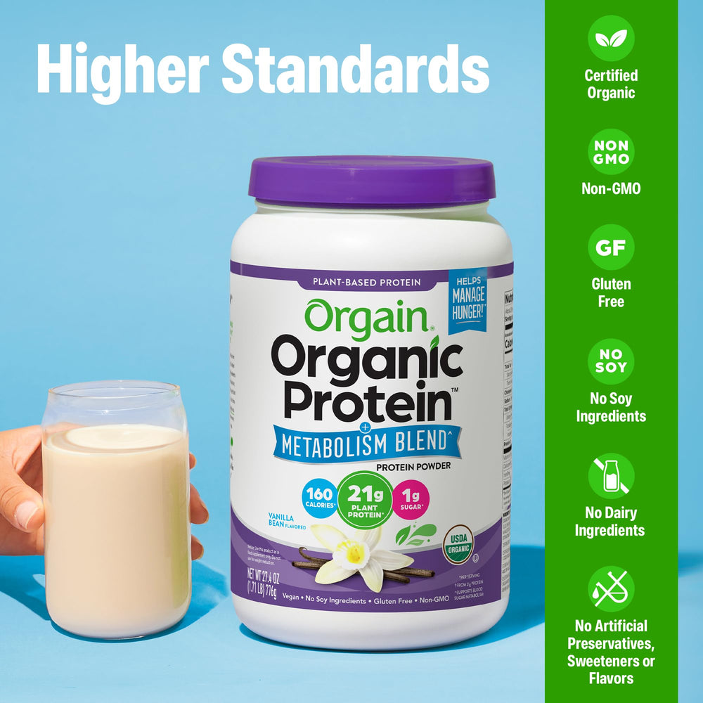 Orgain ingredients panel highlighting plant-based, non-GMO formula.