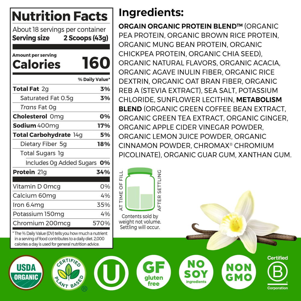 Orgain powder closeup highlighting creamy texture and vanilla flavor.