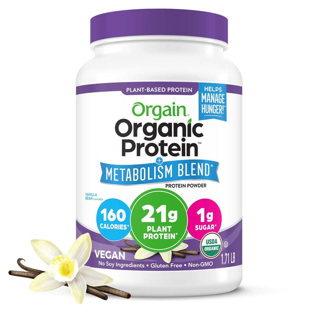Orgain Organic Protein + Metabolism Blend tub front for a protein-packed breakfast.