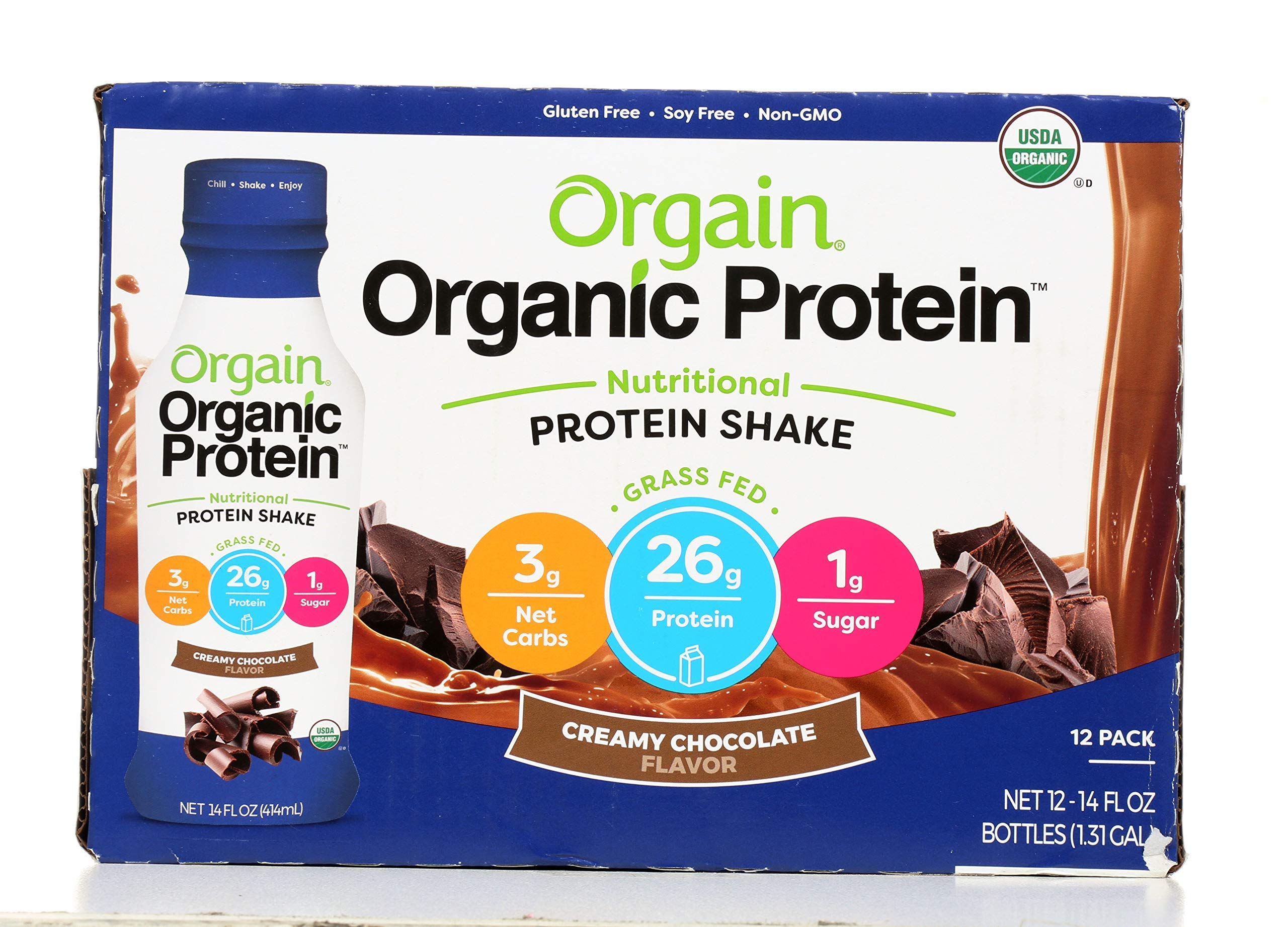 Orgain Organic Protein Shake creamy chocolate bottle close-up, highlighting rich texture for on-the-go nutrition.