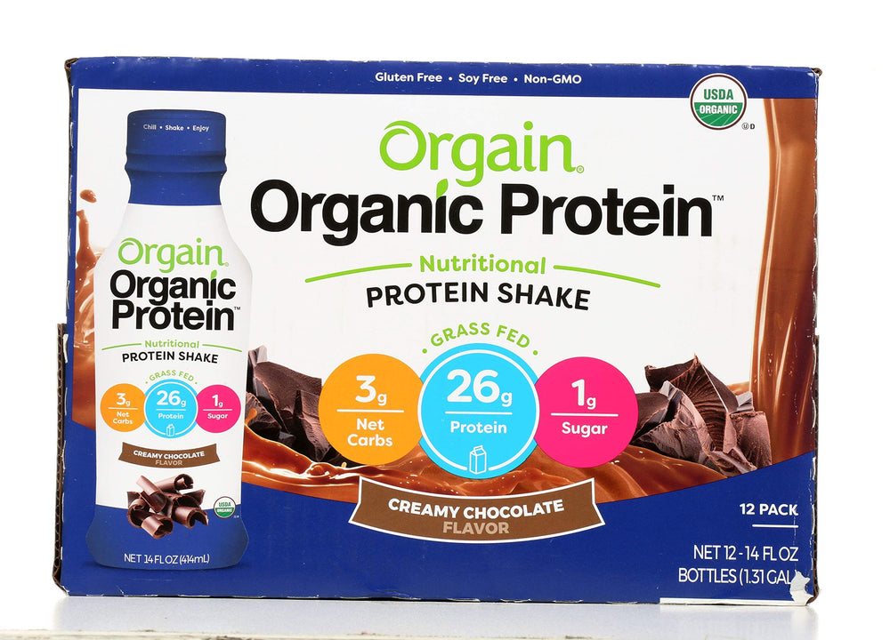 Orgain Organic Protein Shake creamy chocolate bottle close-up, highlighting rich texture for on-the-go nutrition.