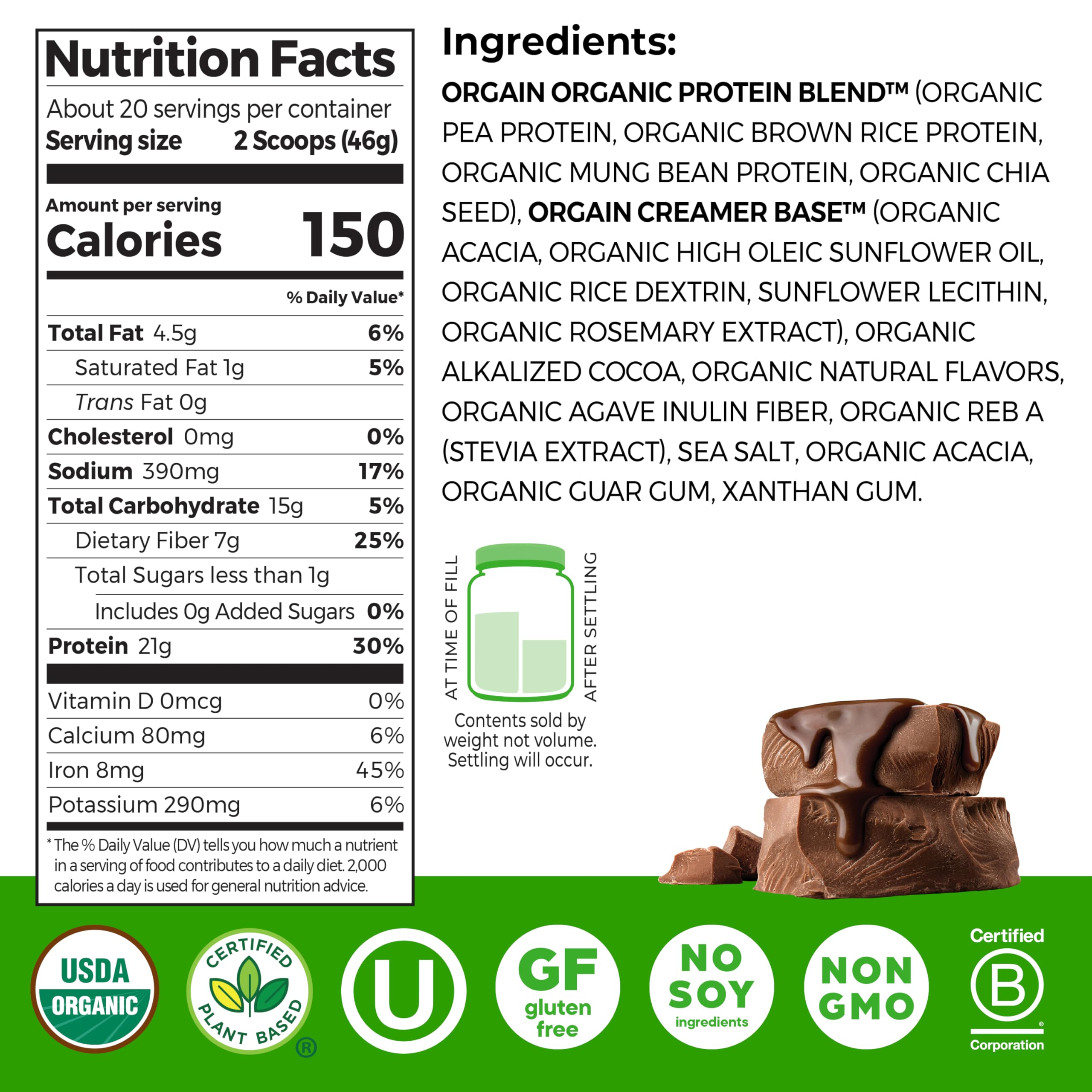 Orgain ingredients close-up showing peas, brown rice and chia for balanced nutrition