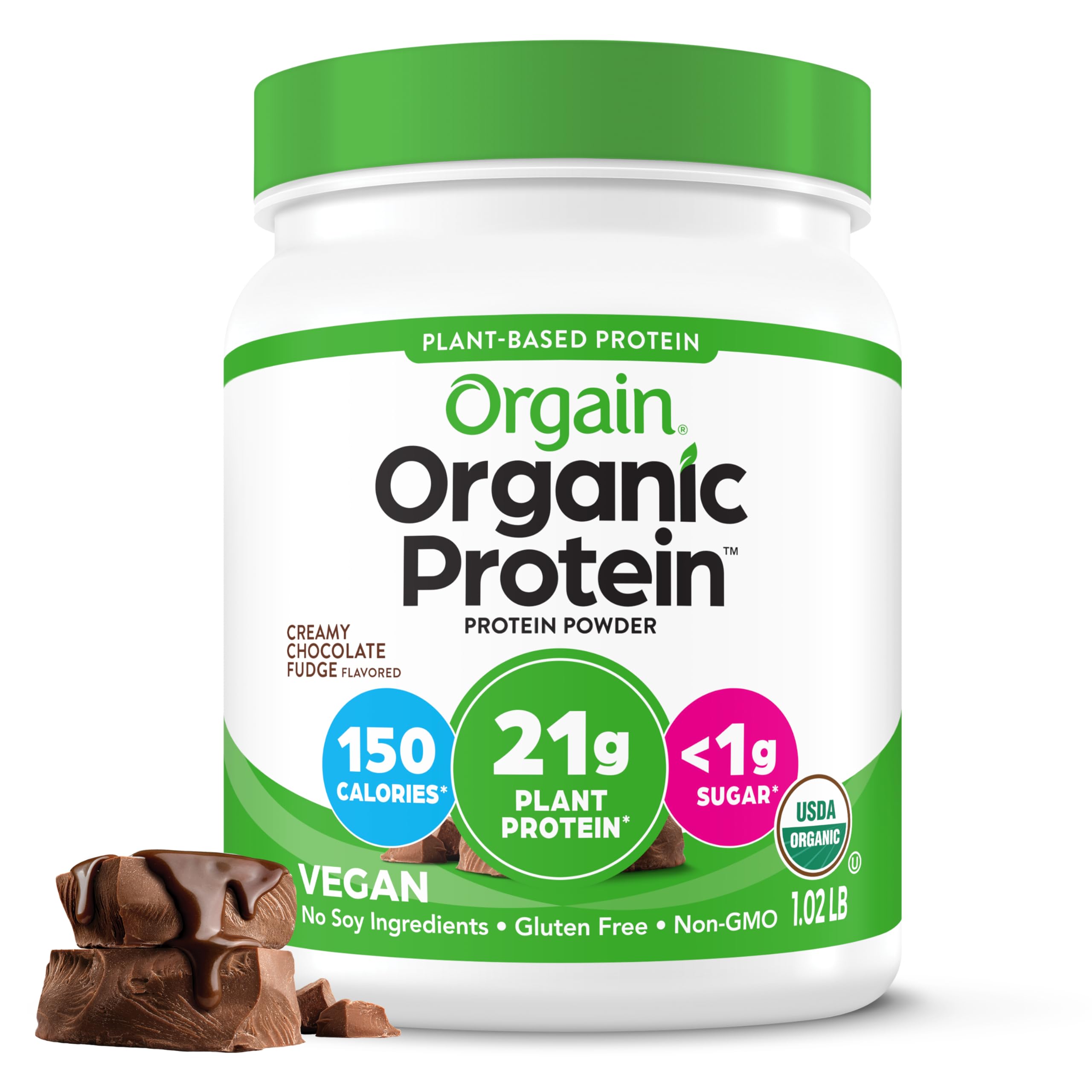 Orgain Organic Vegan Protein Powder container in Creamy Chocolate Fudge flavor for protein boost