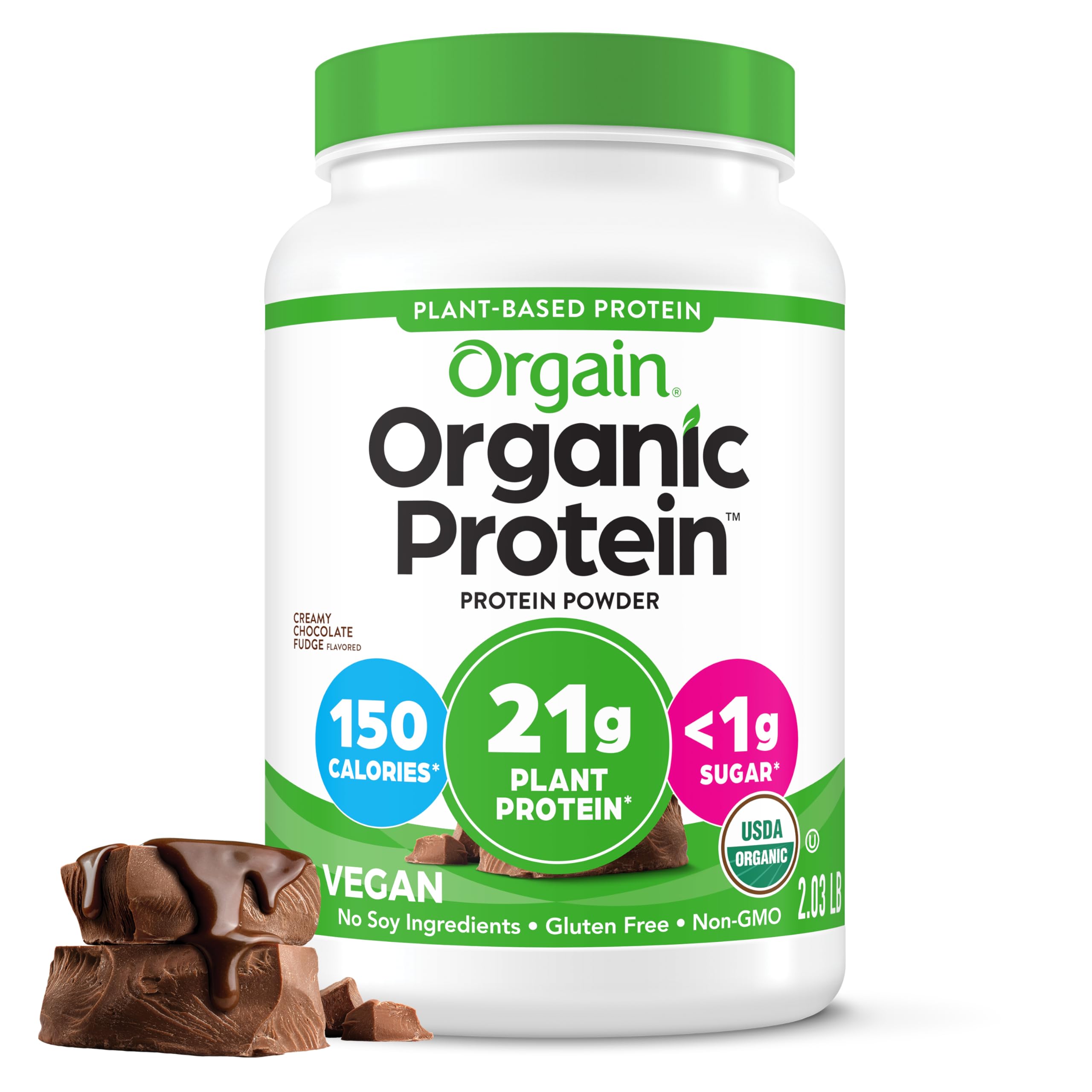 Orgain Organic Vegan Protein Powder tub in Creamy Chocolate Fudge for shakes