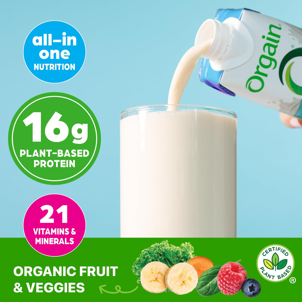 Orgain Organic Vegan Protein Shake label emphasizes plant-based protein and ingredients.