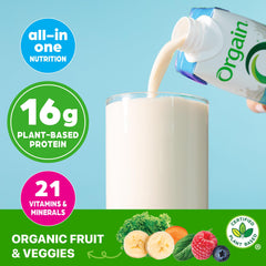 Orgain Organic Vegan Protein Shake label emphasizes plant-based protein and ingredients.
