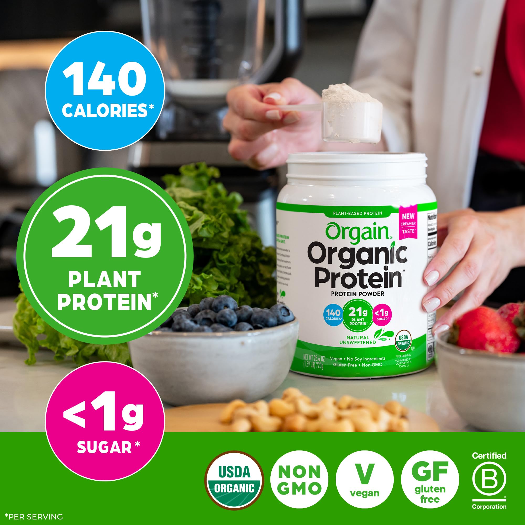 Orgain back of packaging shows nutrition facts and calories