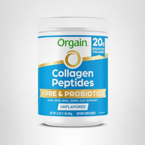 Orgain pantry-ready collagen probiotic tub on a kitchen shelf