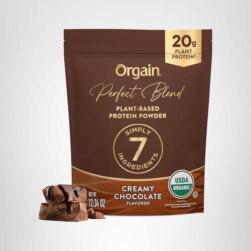 Orgain Perfect Blend chocolate powder being dispensed for easy mixing.