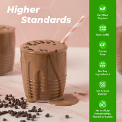 Orgain Perfect Blend chocolate smoothie in glass for convenient vegan nutrition.