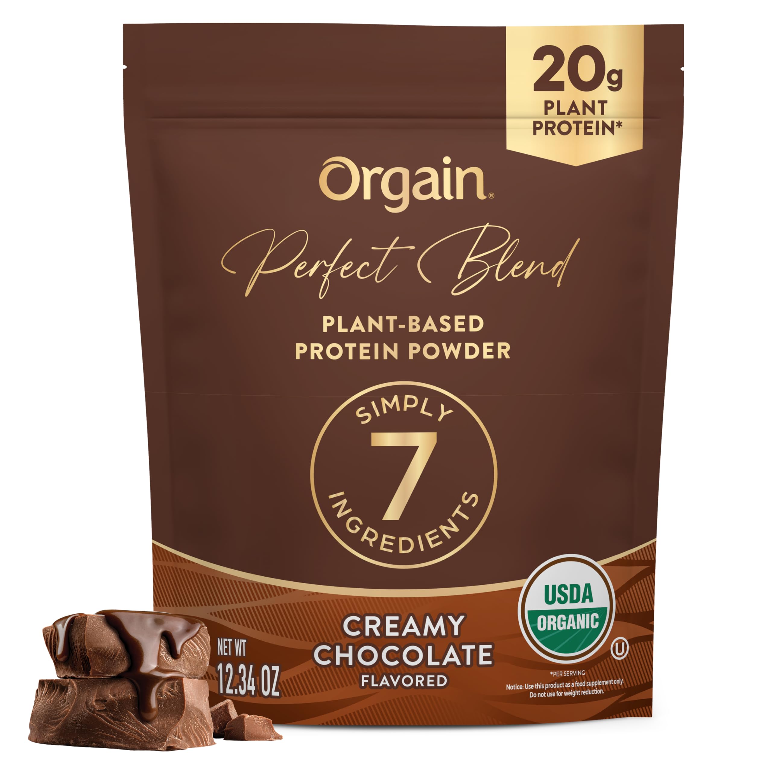 Orgain Perfect Blend chocolate tub front showing clean plant protein per serving.