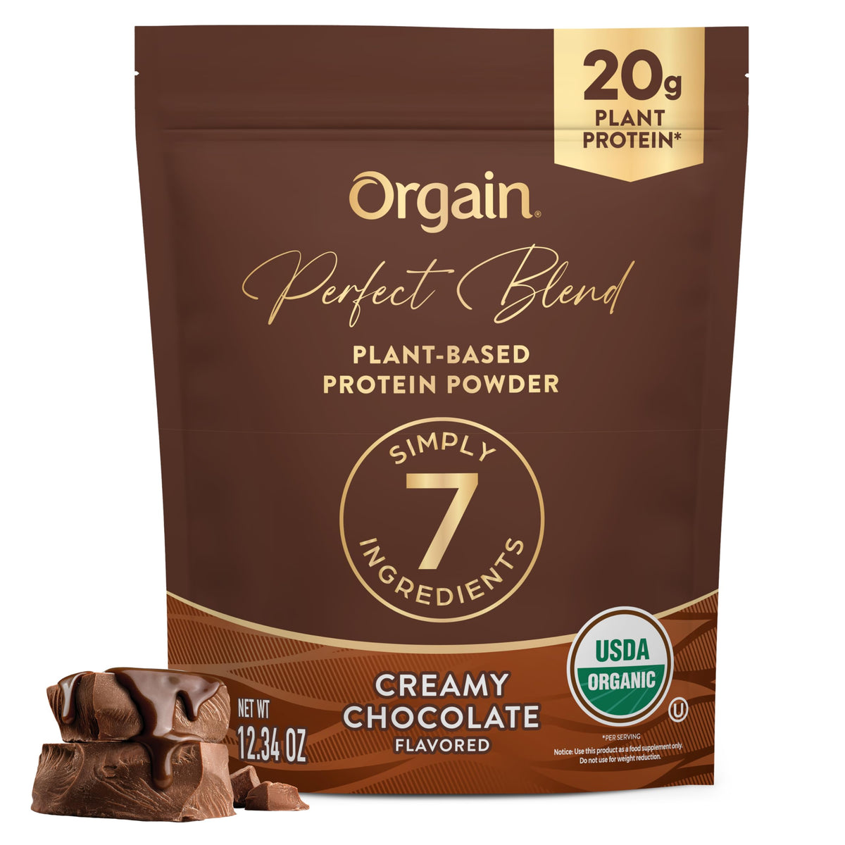 Orgain Perfect Blend chocolate tub front showing clean plant protein per serving.