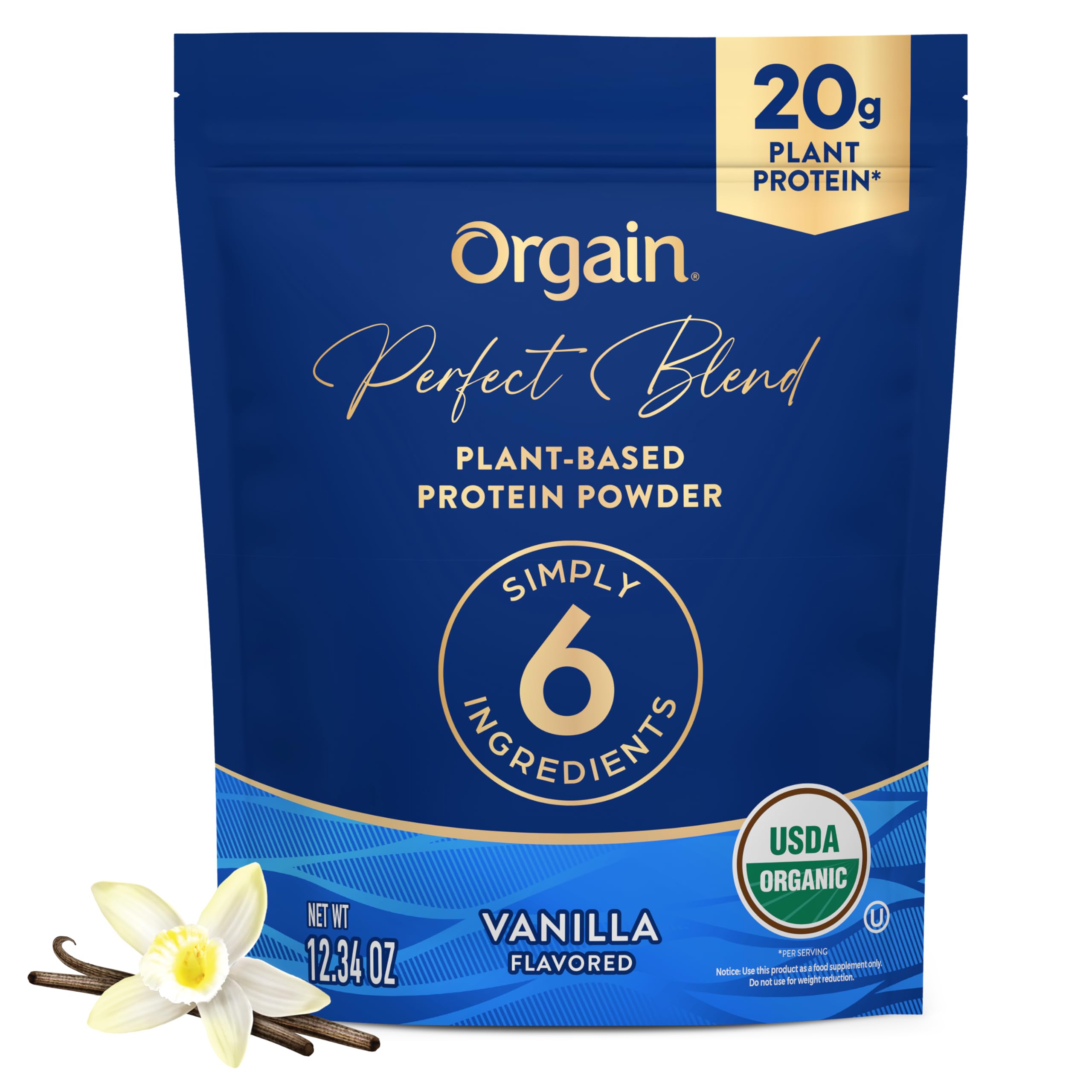 Orgain Perfect Blend vanilla powder tub showing clean 20g plant protein for shakes.