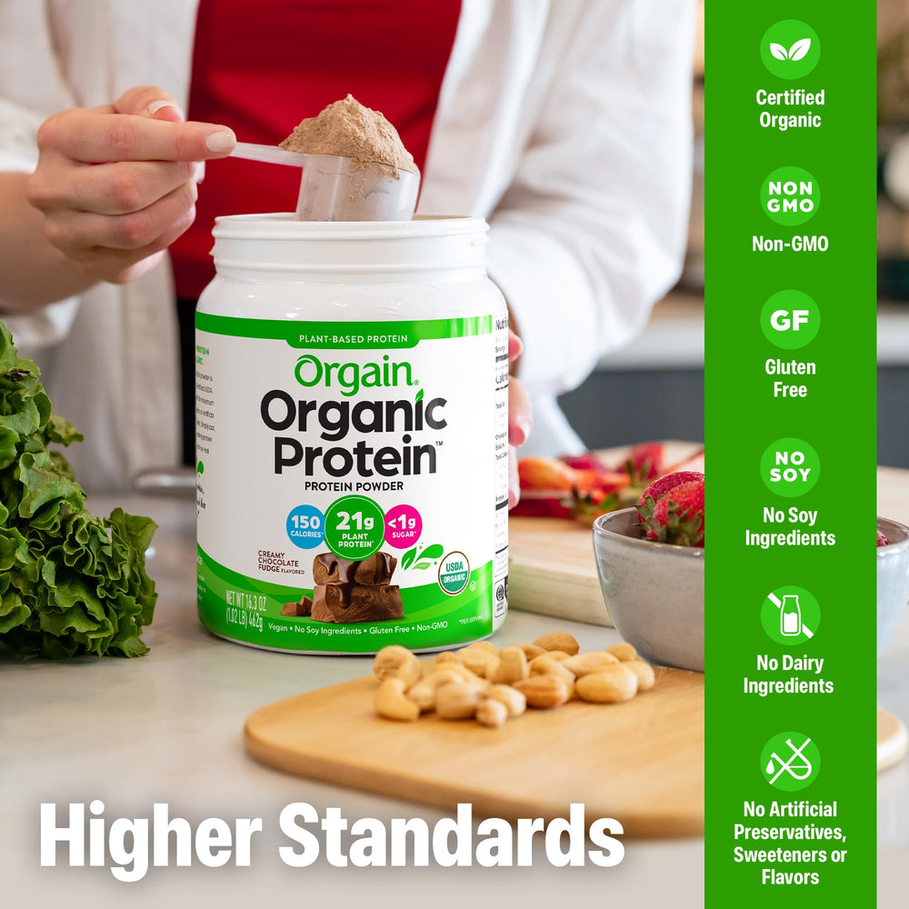 Orgain blend of pea, brown rice, mung bean, and chia seeds for complete protein