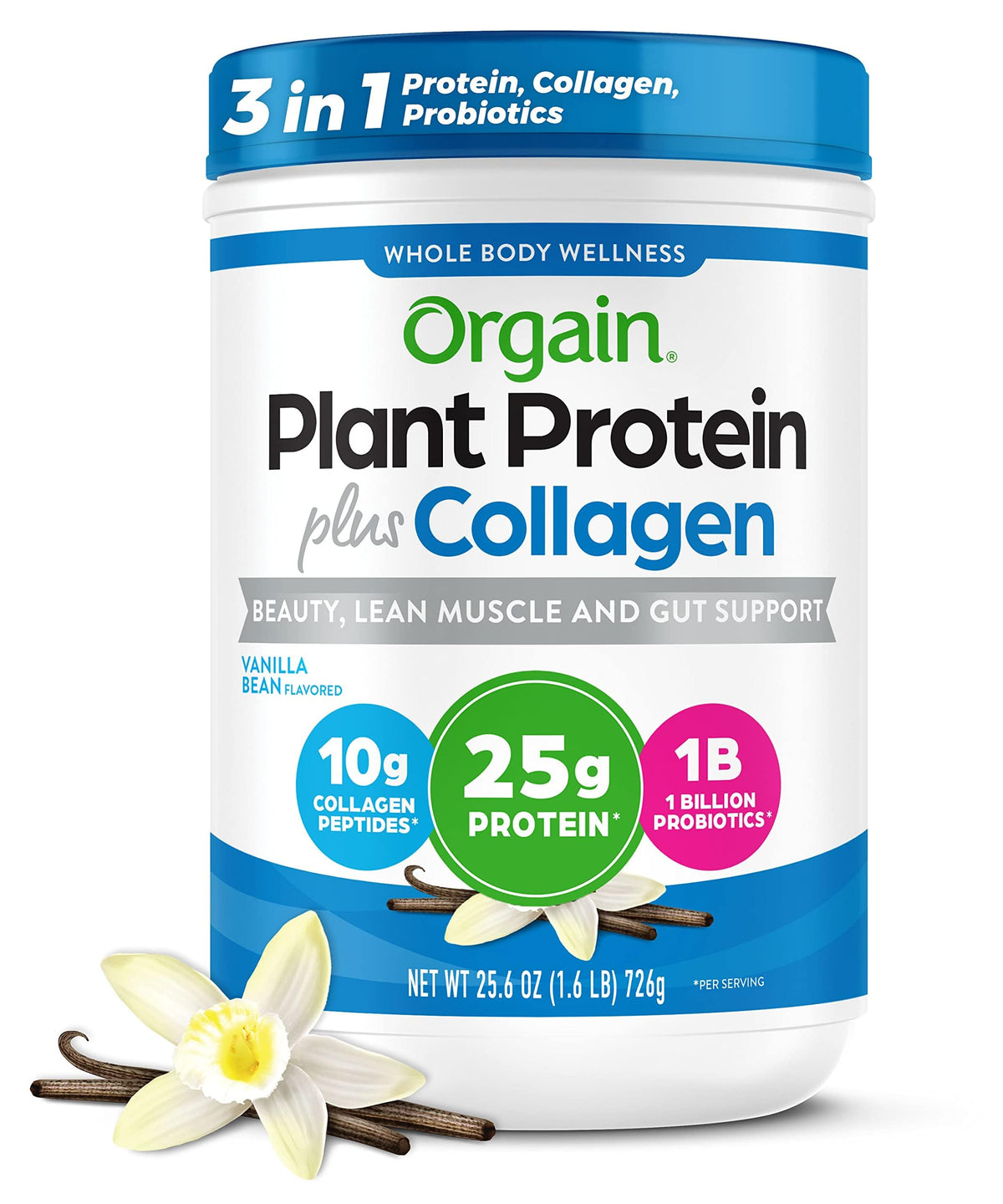 orgain vanilla bean bottle showing 3-in-1 protein, collagen, and probiotics for daily wellness
