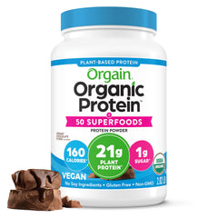 Orgain protein + 50 superfoods tub packaging highlights vegan, organic formula for daily shakes